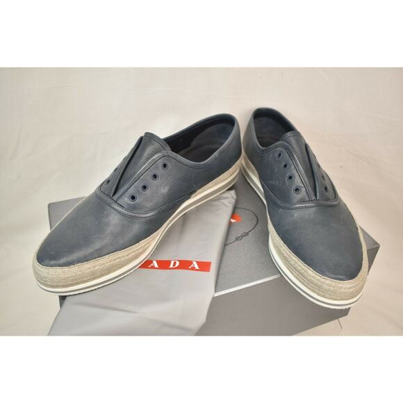 PRADA BALTIC BLUE DISTRESSED LEATHER PLATFORM LACELESS SNEAKERS 8.5 US 9.5 - Picture 10 of 12